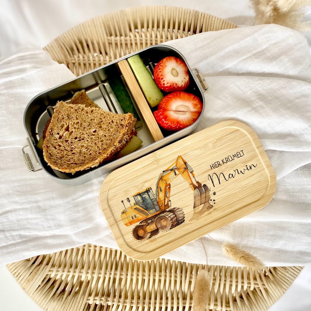 Manufaktur Liebevoll - Personalisierte Brotdose mit Fächern, Edelstahl Lunchbox mit Bambus Deckel u.