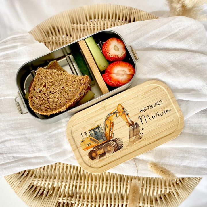Manufaktur Liebevoll - Personalisierte Brotdose mit Fächern, Edelstahl Lunchbox mit Bambus Deckel u.