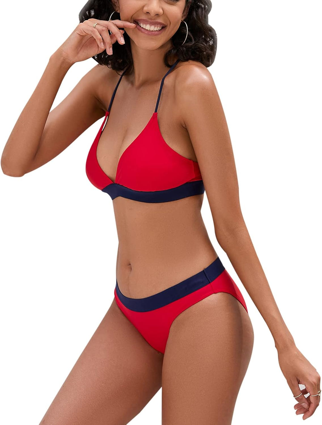 iSLASISIA Damen Bikini Set, Triangel, breites Unterbrustband, Bademode, Badeanzug 36 Rot + Blau, 36