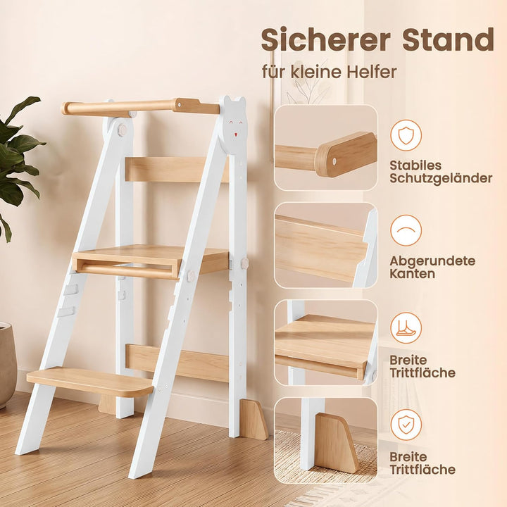 Lernturm Klappbar &amp; 3-Fach Höhenverstellbar - Kippsicherer Learning Tower aus Kiefernholz - Mitwachs