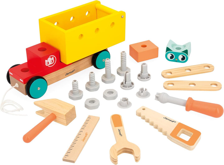 Janod - Mein erstes Konstruktionsspiel - Nachzieh-DIY-LKW - 23 Zubehörteile - Rollenspiel - Feinmoto