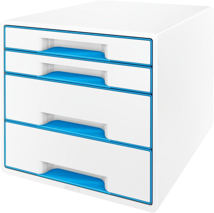 Leitz CUBE Schubladenbox mit 4 Schubladen, Weiss/Blau, A4, Inkl. transparentem Schubladeneinsatz, WO