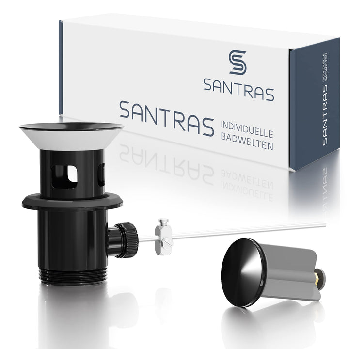 SANTRAS® Exzenter Ablaufgarnitur PREMIUM für Waschtisch mit Schutz vor Überlauf in Schwarz – Komplet