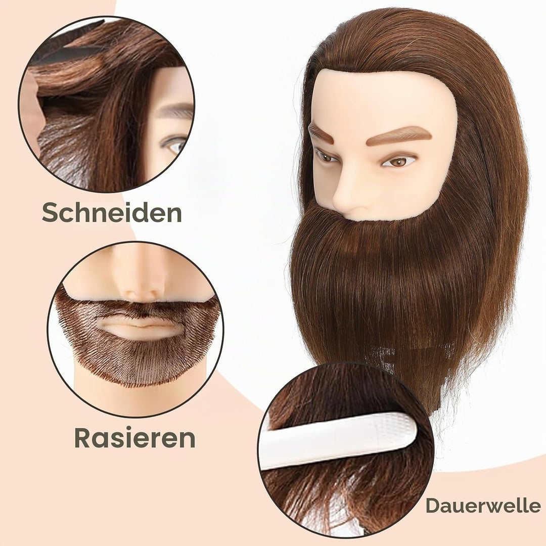 Männlicher Mannequinkopf, 100 % Echthaar mit Bart 30,5 cm, Trainingskopf, Kosmetologie, Puppenkopf,