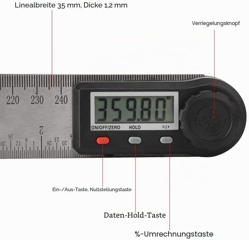 Digitalanzeige Winkellineal, 2-in-1 Elektronisches Winkelmessgerät mit Verriegelungsknopf 0-360 ° Ho