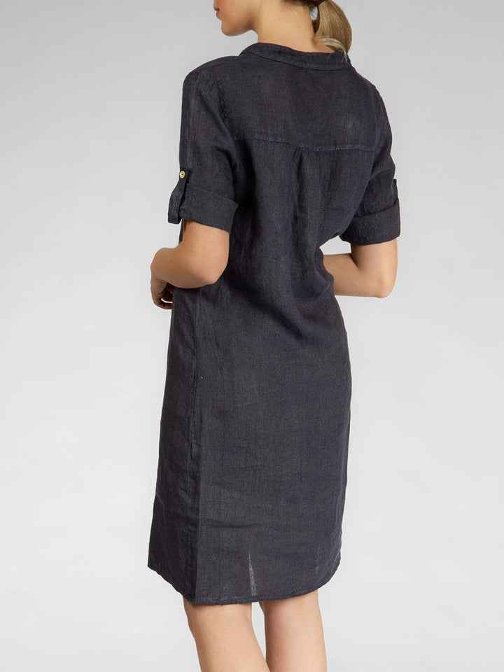 Caspar SKL037 stylisches knielanges Damen Sommer Leinenkleid mit Reissverschluss Ausschnitt 36 Dunke