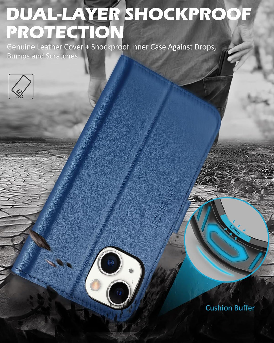 SHIELDON Hülle für iPhone 14 Plus 5G Schutzhülle [Echtleder] [Standfunktion] [Kartenfach], TPU Magne