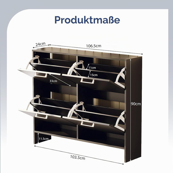 LEADZM Schuhschrank Schmal,Schuhkipper 106,5 x 24 x 90 cm Schwarz | mit 4 Flip-Schubladen Schuhregal