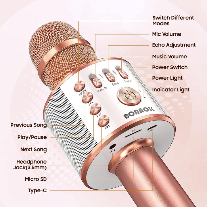 Bluetooth Karaoke Mikrofon Kinder, BONAOK Drahtlose Dynamisches Mikrofon mit Lautsprecher, Familie P