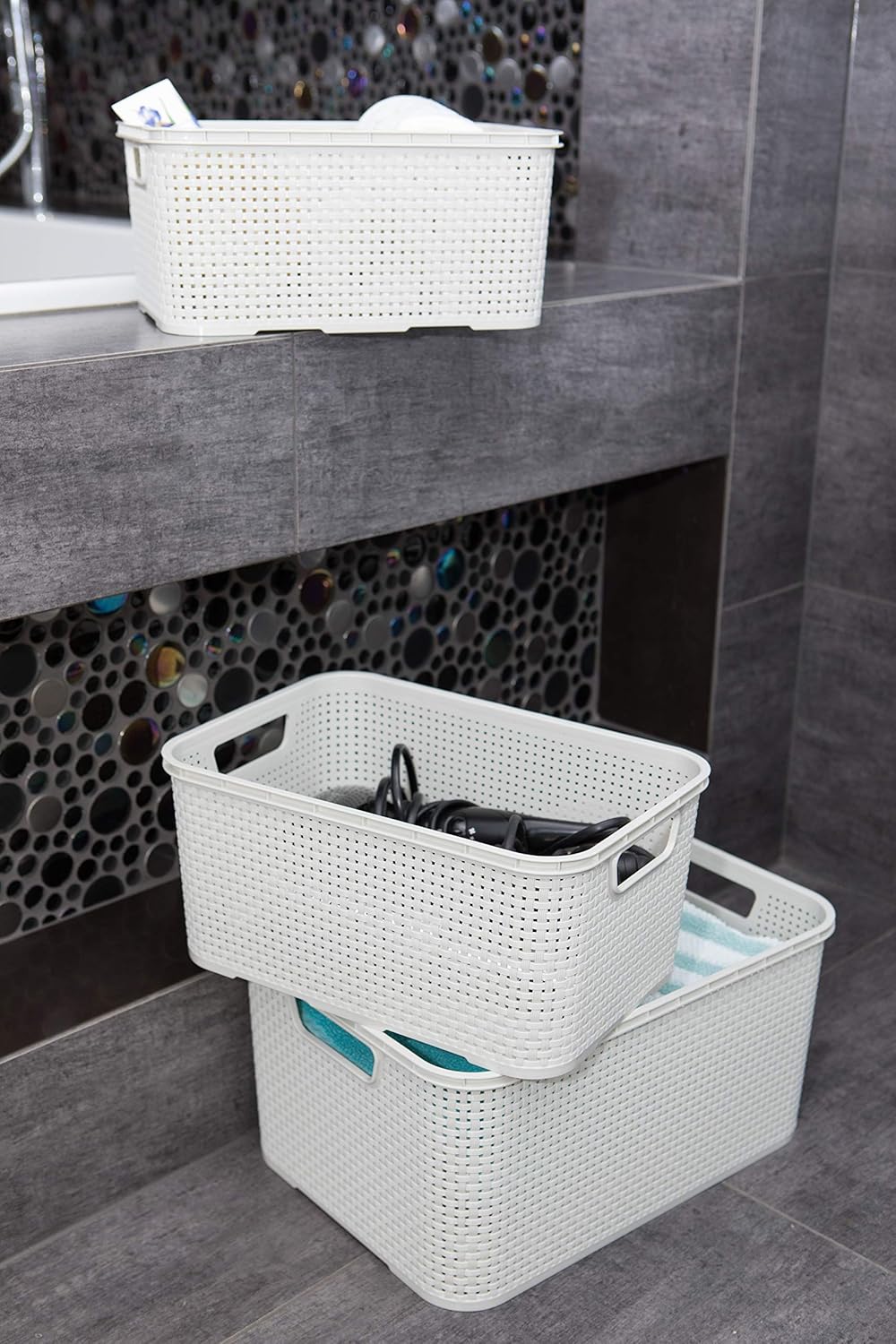 BranQ - Home essential Korb in Rattan Design 2er Set Grösse L 19l, Creme (Packung mit 4) 19 l (Set o