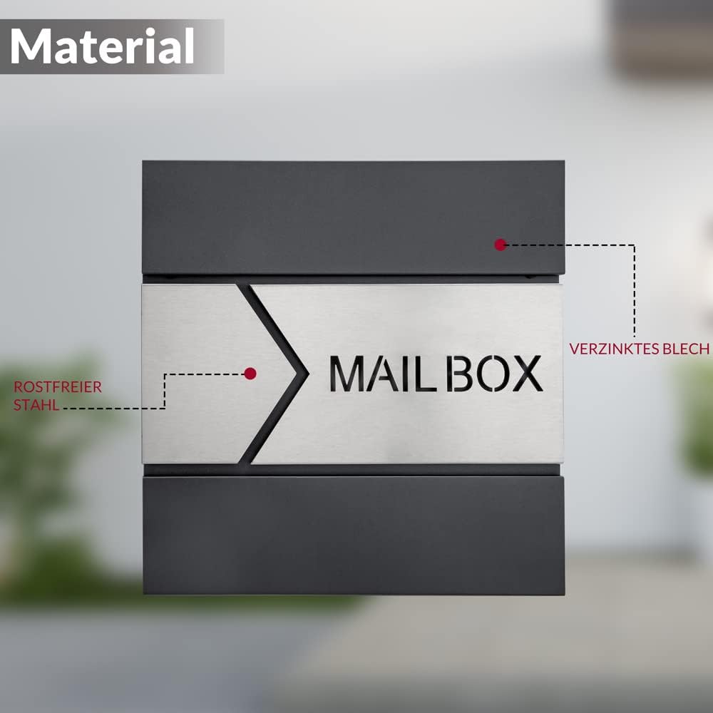 MONZANA® Design Briefkasten Stahl anthrazit mit Zeitungsfach 2 Schlüssel Zeitungsrolle Wandbriefkast