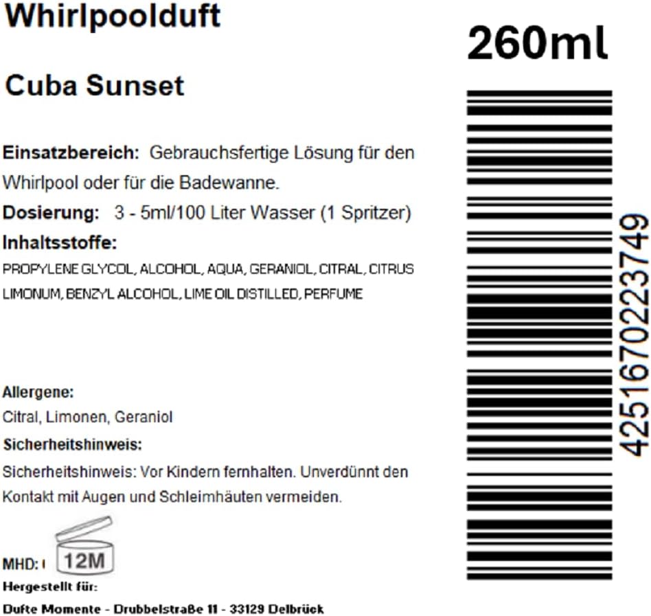 Dufte Momente | Whirlpool Duft 260ml | Cuba Sunset (Geranium, Mojito, Rum) | mit naturreinen und nat