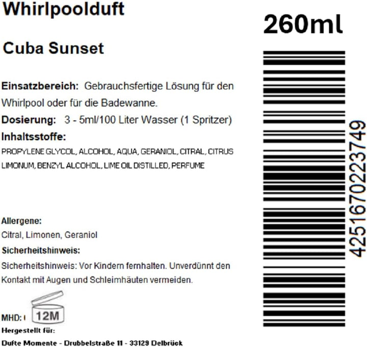 Dufte Momente | Whirlpool Duft 260ml | Cuba Sunset (Geranium, Mojito, Rum) | mit naturreinen und nat