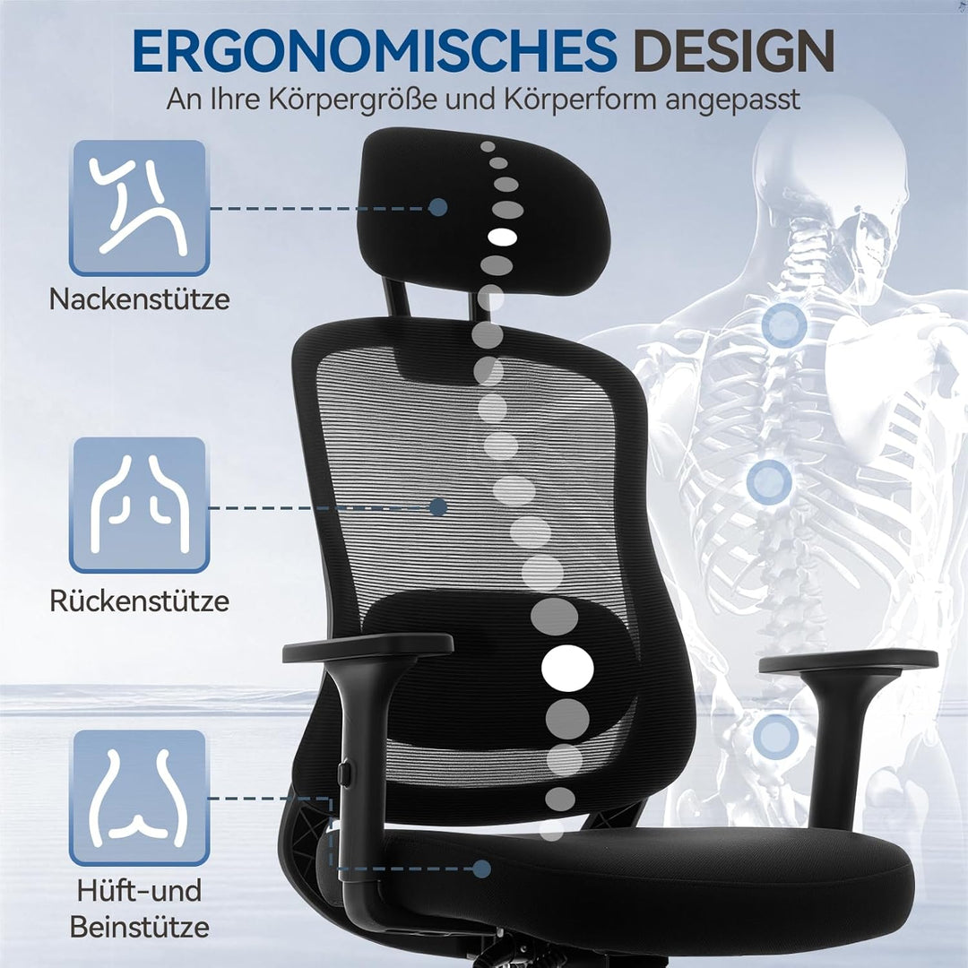 naspaluro Ergonomischer Bürostuhl mit Netzrücken, höhenverstellbar, feststellbare Rückenlehne, Schre