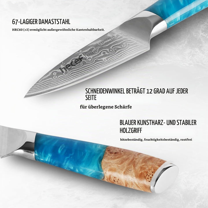 hecef Schälmesser Damast 9cm, Gemüsemesser &amp; Obstmesser Klein mit Ergonomischem Harzgriff, 67-lagige
