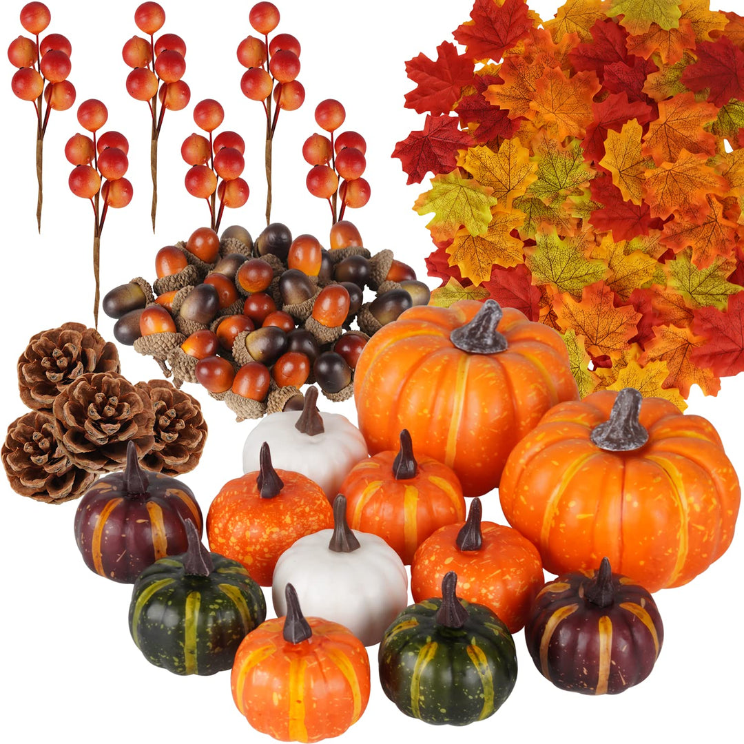 Miaikoe 162 Pcs Herbst Künstliche Ahornblätter, Ernst Kürbisse, Eicheln, Kiefernzapfen und Orange Be