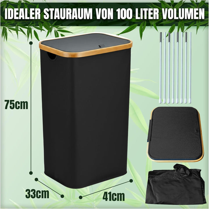 Wäschekorb mit Deckel 100l, Wäschesammler, Wäschebox, Wäschetonne, hoher Wäschekorb mit Bambusrahmen