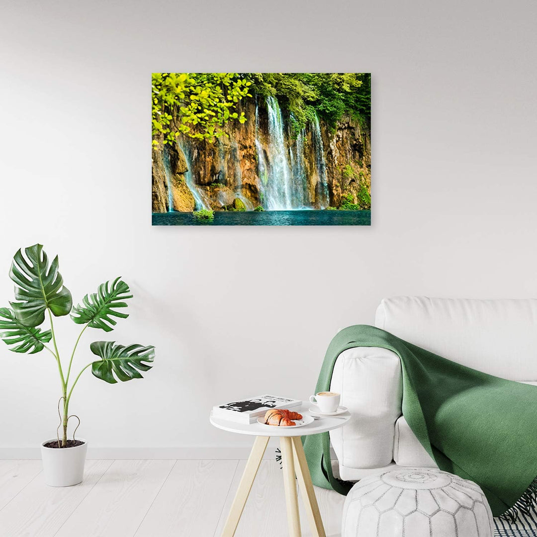 Feeby Wanddeko Natur Leinwandbild Kunstdruck Wasserfall Grün 90x60 cm