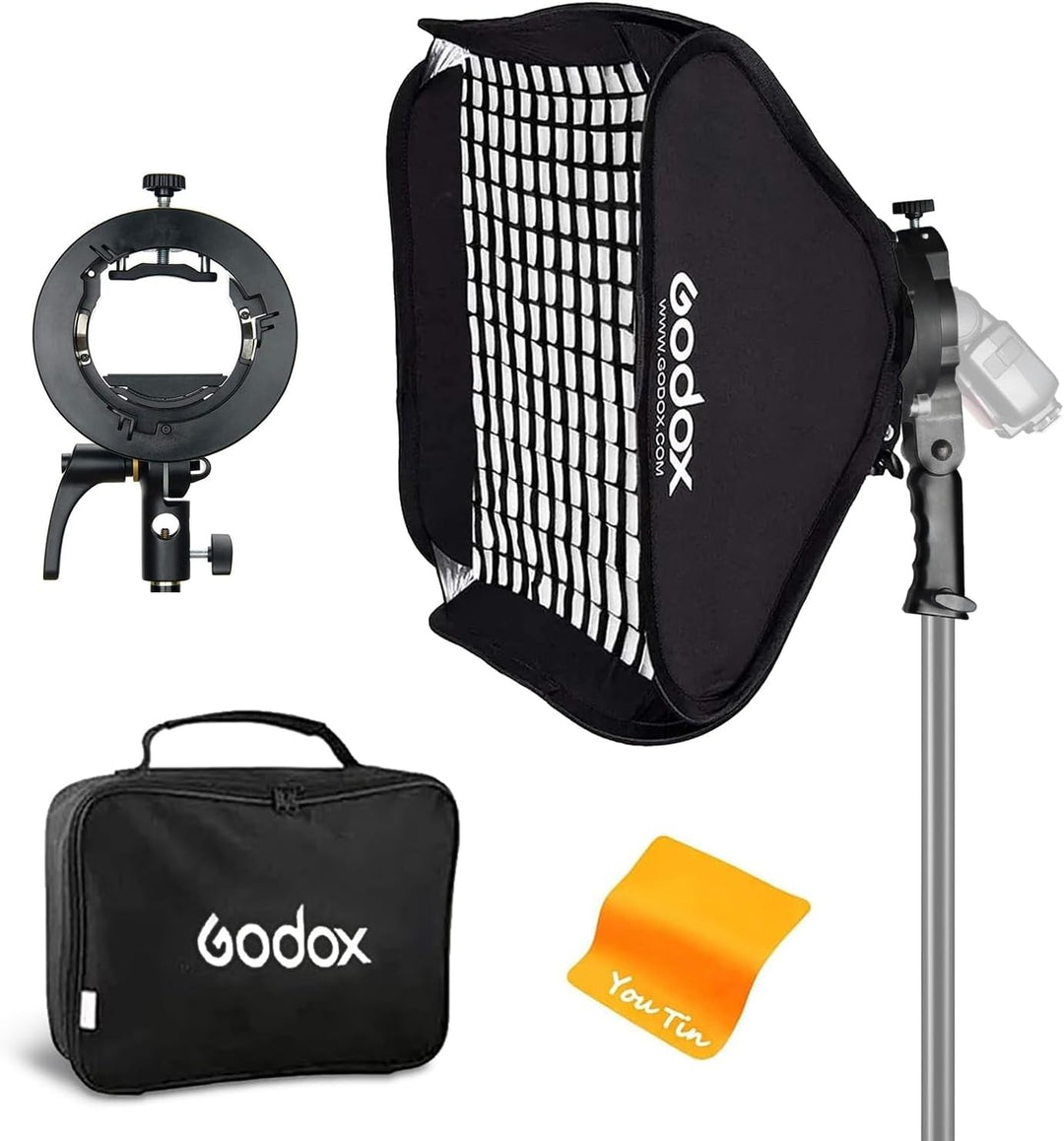 Godox Softbox Soft Light Modifikator Box mit Gitter 80 x 80 cm mit S2 Typ Blitzhalterung, Bowens-Hal