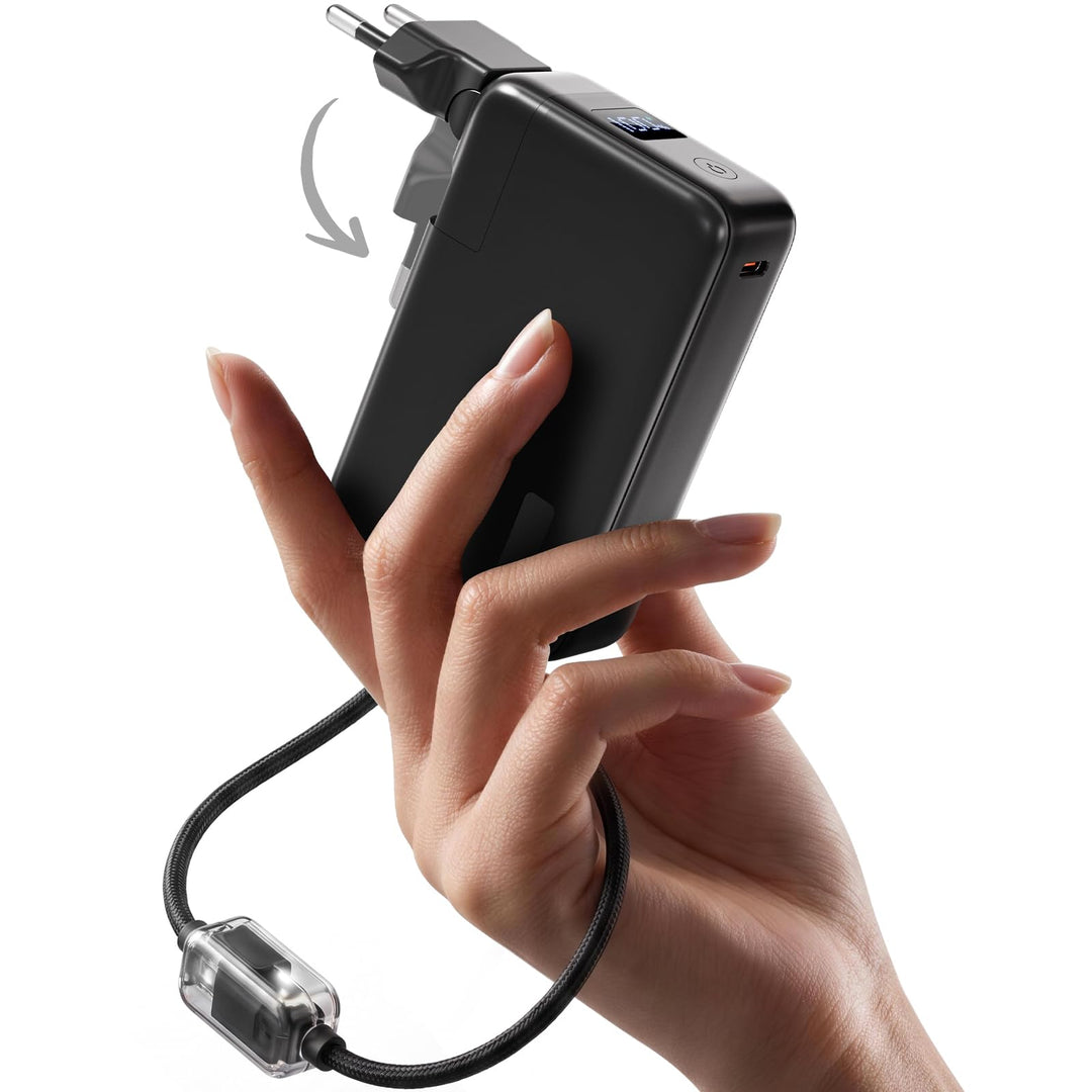 Power Bank 10000mAh, Powerbank für iPhone mit Integriertem Klappbaren EU-Stecker & Robuste USB-C & i