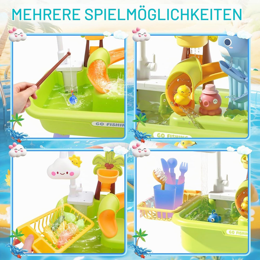 deAO 4-in-1 Kinder Waschbecken mit Wasserfunktion &amp; Sand- und Wassertisch – Wasserspieltisch Outdoor