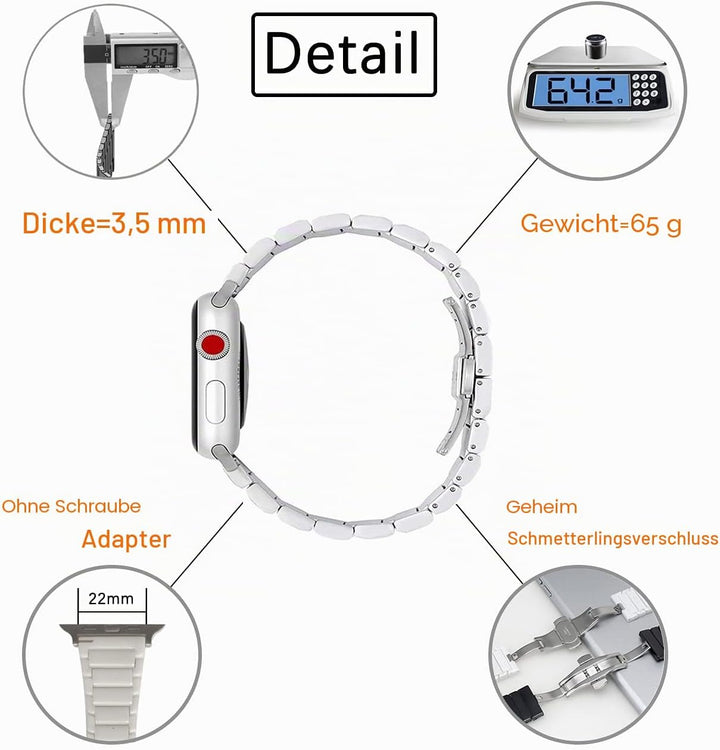 MaKTech Keramikarmband,Schlankes Gliederarmband Band Kompatibel mit Apple Watch Series 9/Ultra 2/SE/