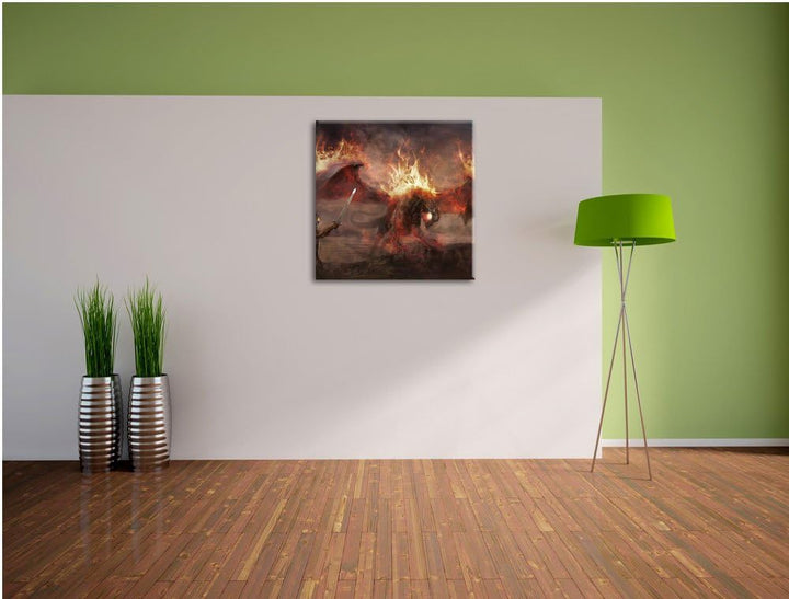 Pixxprint Ritter Drachen Feuer als Leinwandbild/Grösse: 70x70 cm/Wandbild/Kunstdruck/fertig bespannt