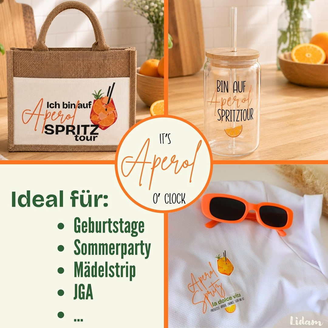 Aperol Spritz Geschenkset | Jutetasche mit Aperol T-Shirt Damen, Trinkglas mit Strohhalm | Sommer Ge