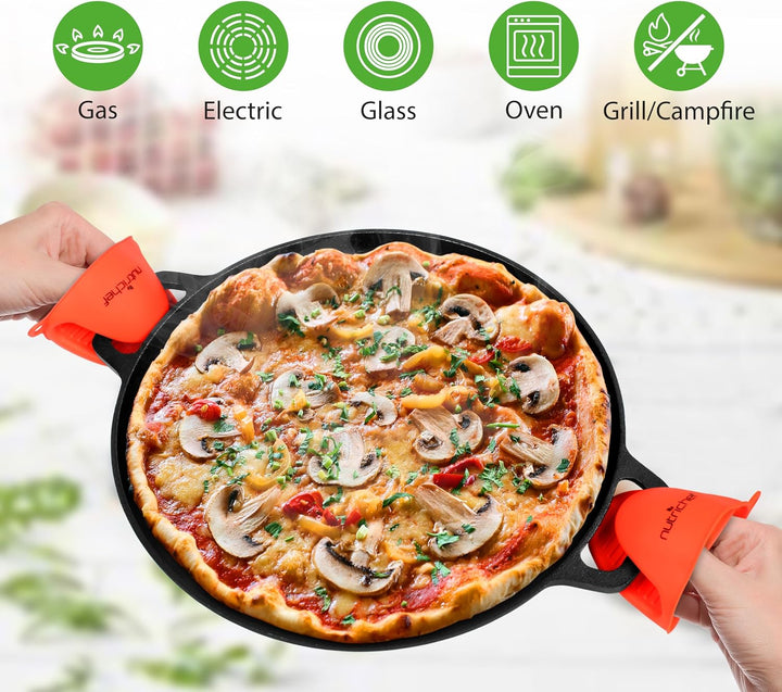 NutriChef Flache Gusseisen-Pizza-Pfanne, 33 cm, vielseitige, voreingebrannte runde Grillplatte mit i