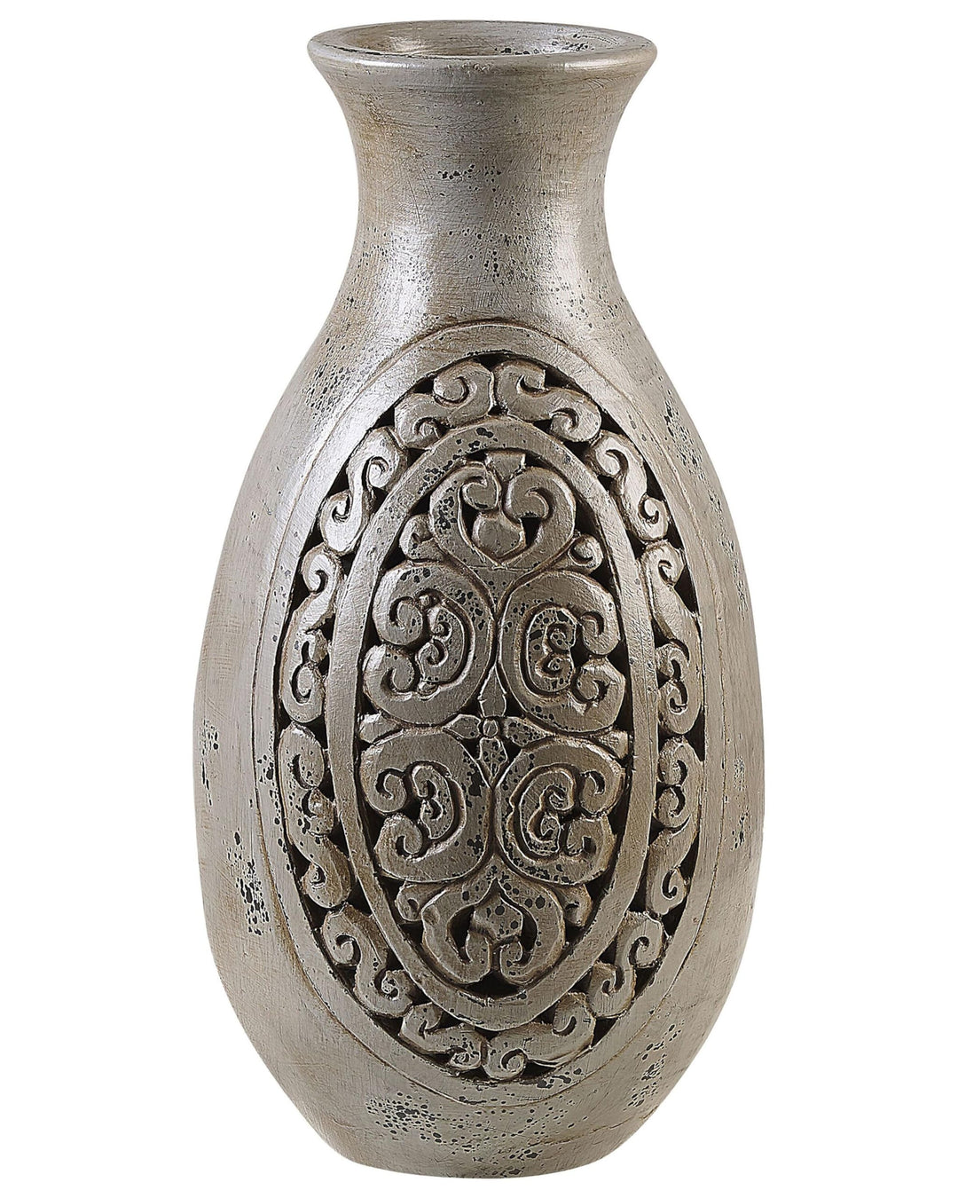 Moderne Dekovase mit floralem Relief Terrakotta 26x26x51 in Grau Megara