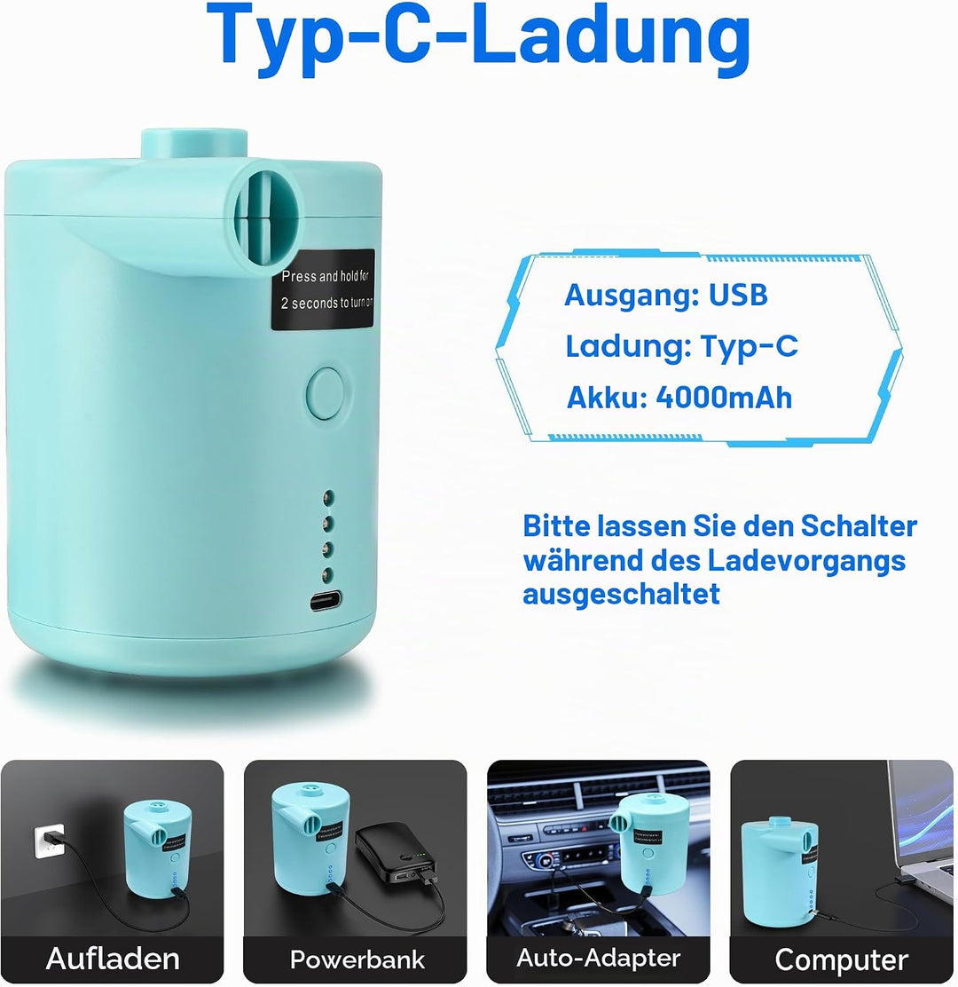 Elektrische Luftpumpe, 4000mAh Akku Elektrische Pumpe mit 4 Düsen für Luftmatratze, Matratze, Pool,