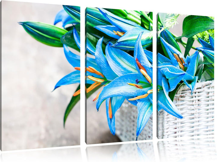 Pixxprint schöne Blaue Blumen im Körbchen / 3-Teilig/Gesamtmass 120cm Leinwandbild bespannt auf Holz