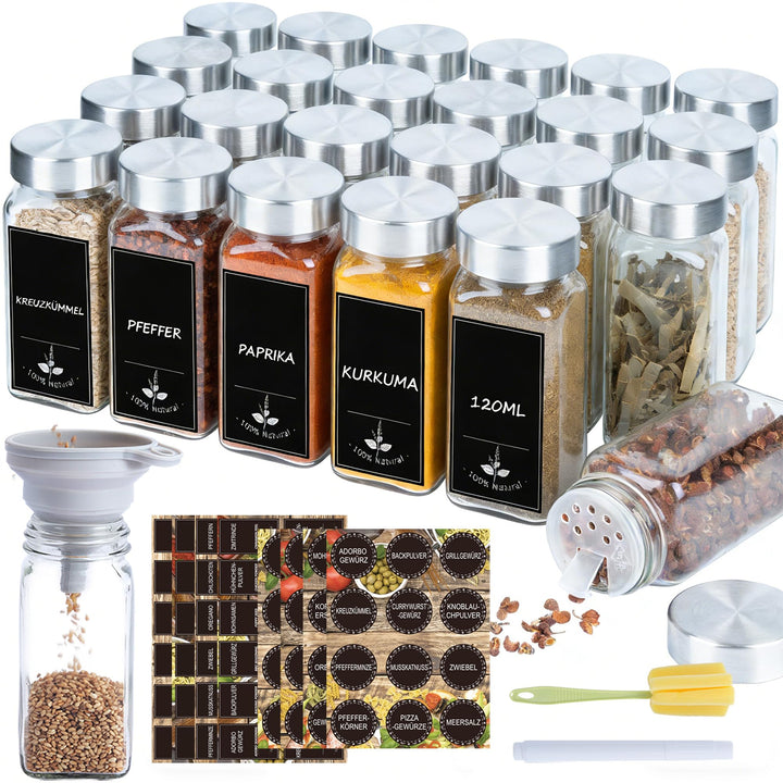 Verdego Gewürzgläser Eckig (24x 120ml), Gewürzdosen mit Edelstahldeckel, Trichter, Etiketten und Sti