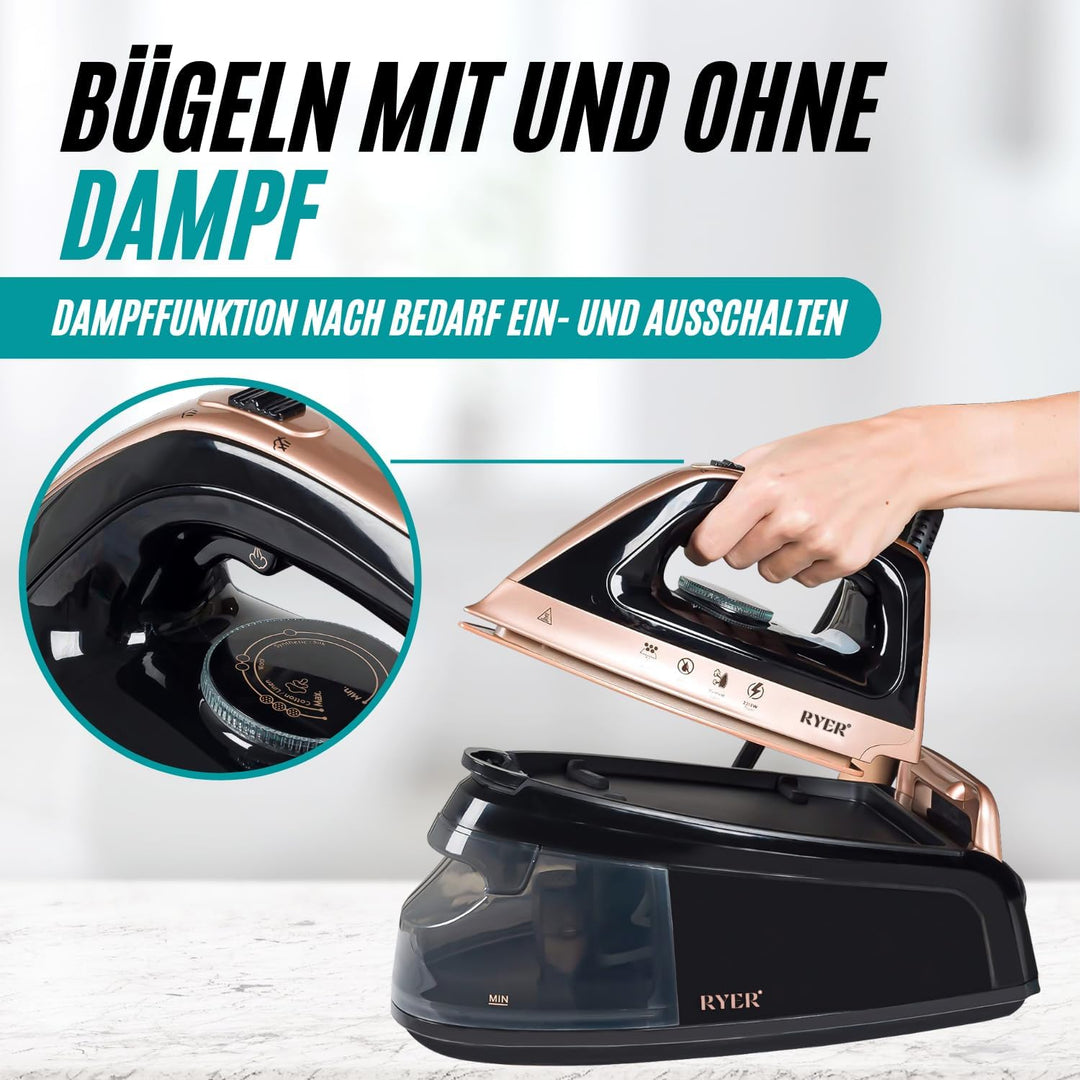 RYER Dampfbügeleisen mit Dampfstation – Keramiksohle, 375 g/min Steam-Jet, 1,2 L Wassertank, Anti-Tr