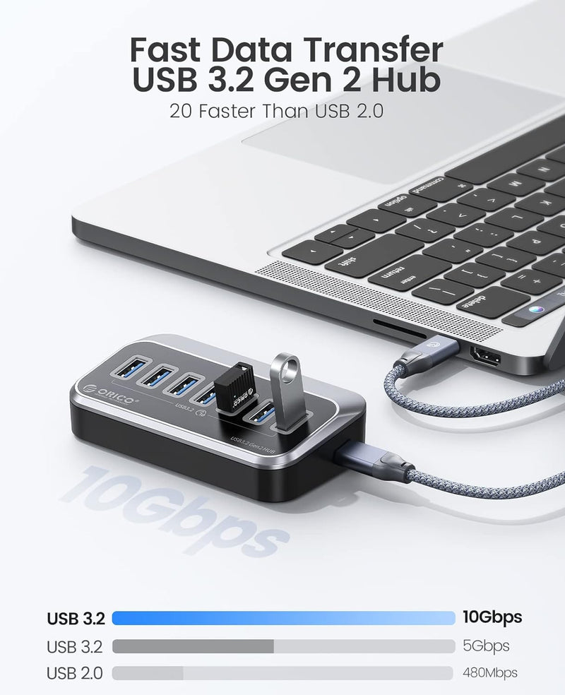 USB C Hub, ORICO 7 Port USB 3.2 Gen 2 Hub, 10Gbps, ABS USB Splitter mit 0,5 M Datenkabel, USB Vertei