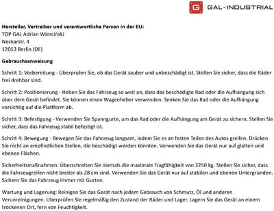 Gal Industrial Auto Rangierhilfe Rangierroller Rangierheber für Pkw Abschlepp Rollwagen belastbar bi