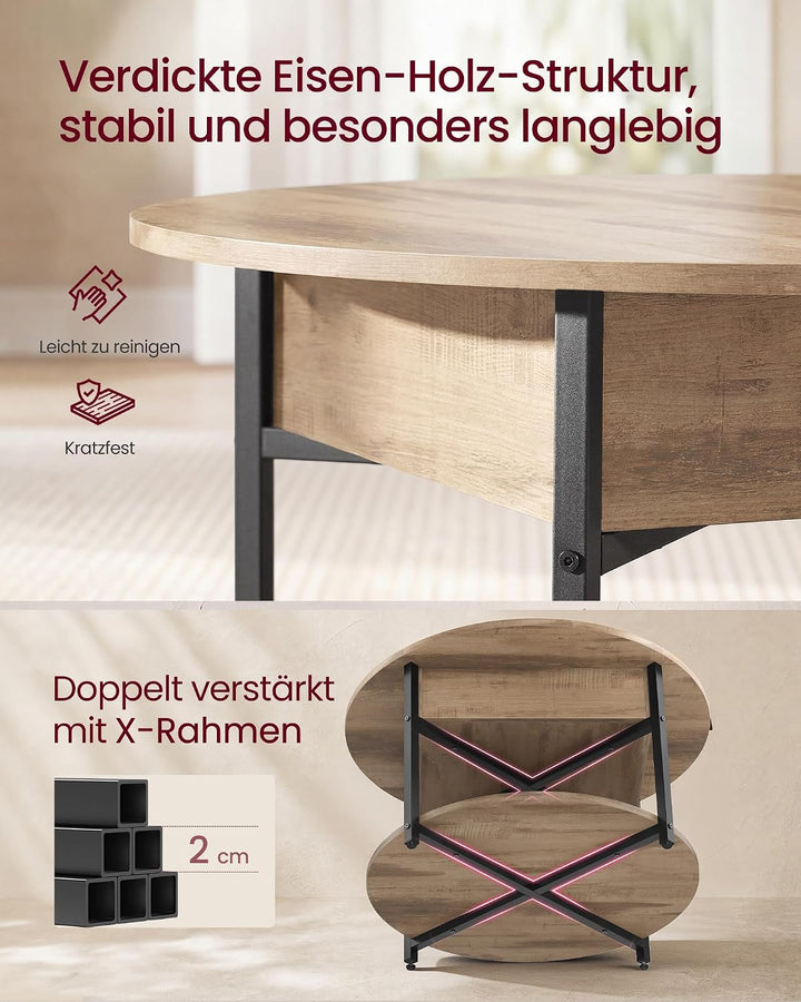 VASAGLE Couchtisch rund LCT266L101 Rustikales Braun + Mattschwarz, Rustikales Braun + Mattschwarz