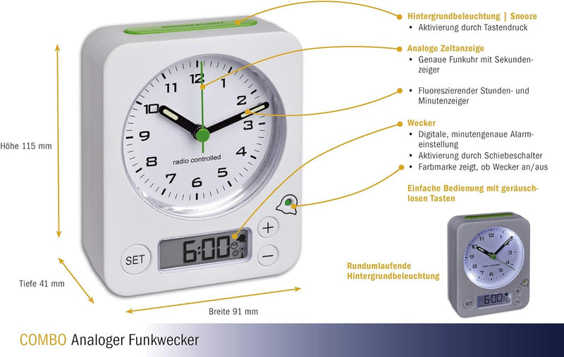 TFA Dostmann 60.1511 Combo Funkwecker mit analoger Uhrzeit und digitaler Weckzeit, besonders leise u