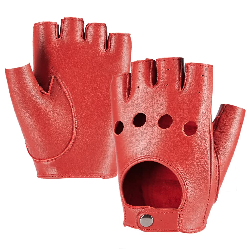 Damen Fingerlose Schaffell Autofahrer Lederhandschuhe Rock Punk Handschuhe S Rot, S Rot
