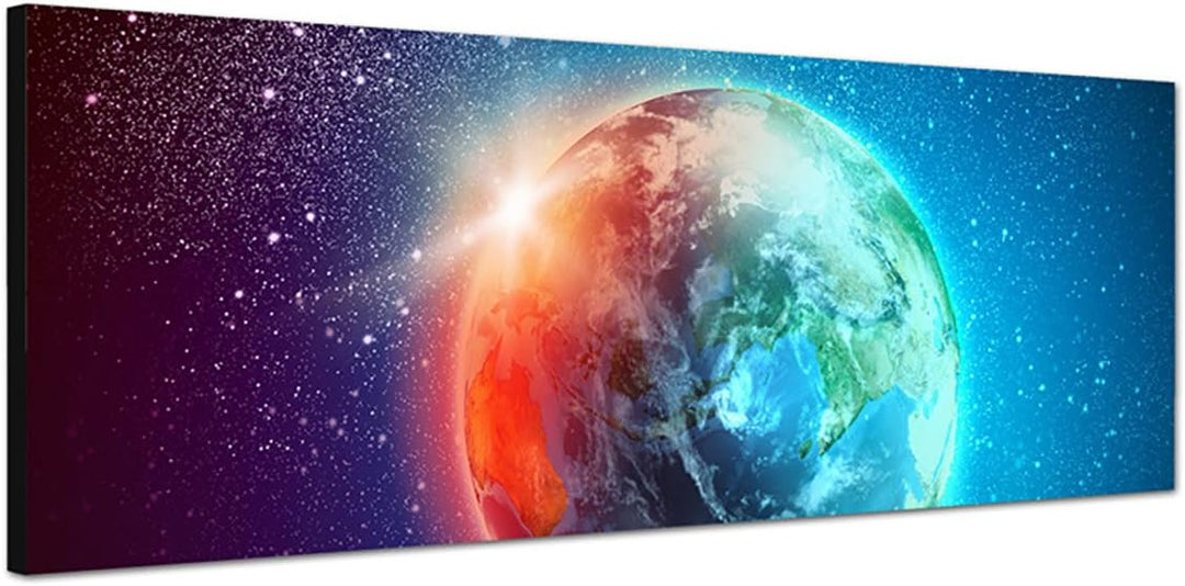 Paul Sinus Art Panoramabild auf Leinwand und Keilrahmen 150x50cm Weltraum Erde Sterne Sonnenaufgang
