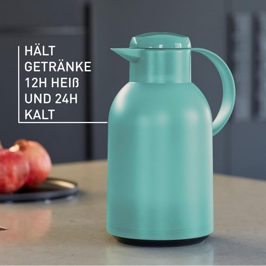 Emsa Samba Isolierkanne, 1,5 Liter Fassungsvermögen, Quick Press Verschluss, 100% dicht, 12h heiss u