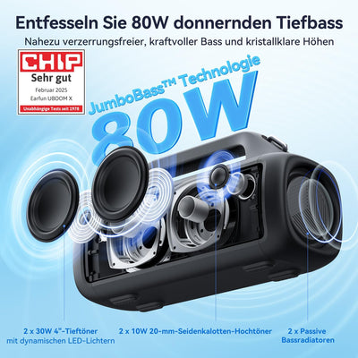 EarFun UBOOM X Bluetooth Lautsprecher, 80W Bass, JumboBass Tech, Oluv EQ, 30 Std Akku, IP67 Wasserdi