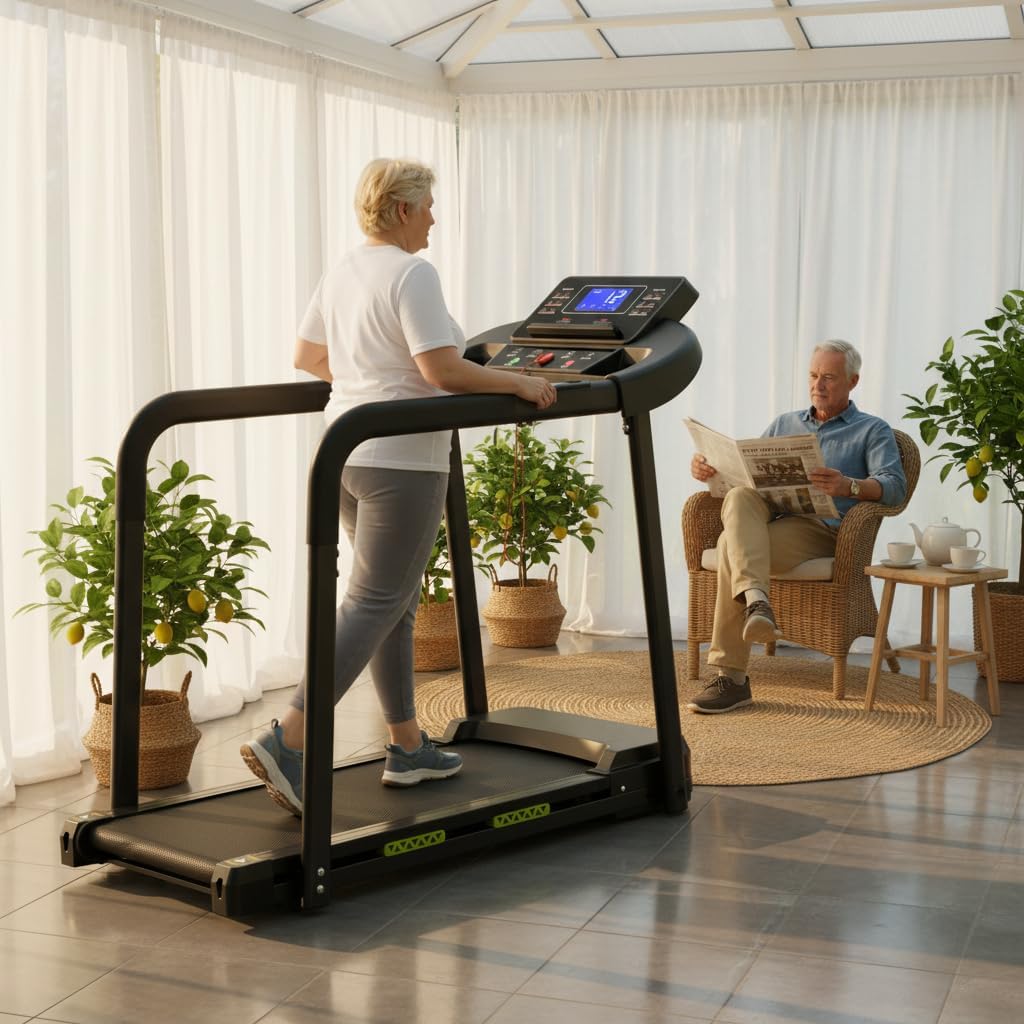 Walking Pad für Senioren, Klappbares Laufband mit Haltegriff & App, Elektrisches Laufband bis 135kg,