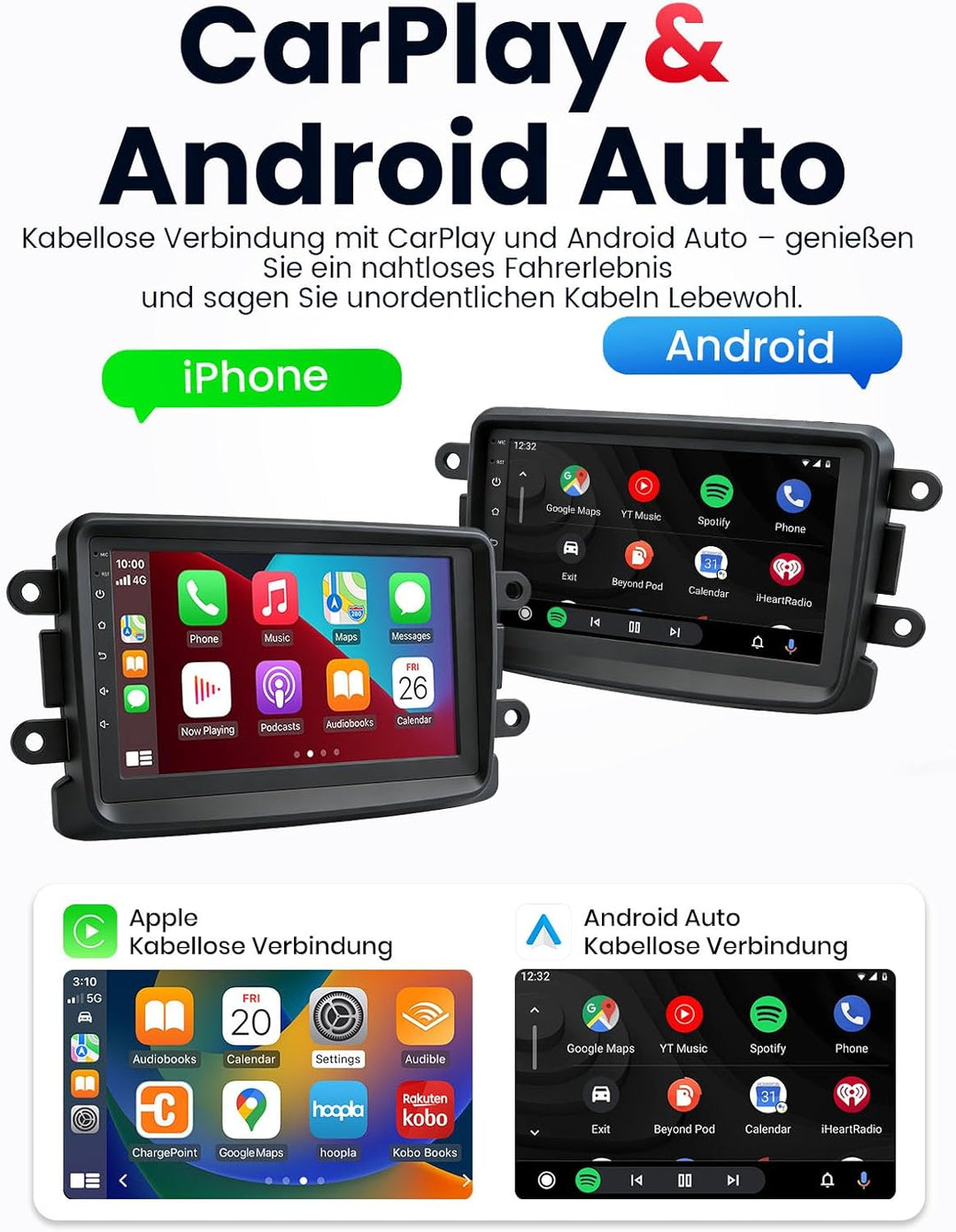 Doppel DIN Autoradio mit Bildschirm für Dacia Logan Duster, Renault Captur, Wireless CarPlay & Andro
