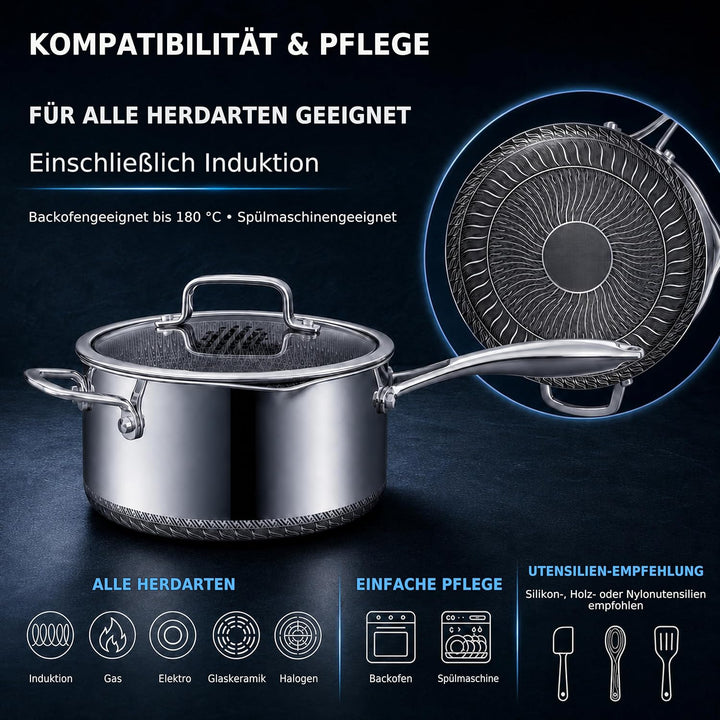 INTIGNIS 22 cm / 3.5 L Antihaft-Kochtopf mit Doppeltgriff und Deckel | Edelstahl | Für Induktion Gas