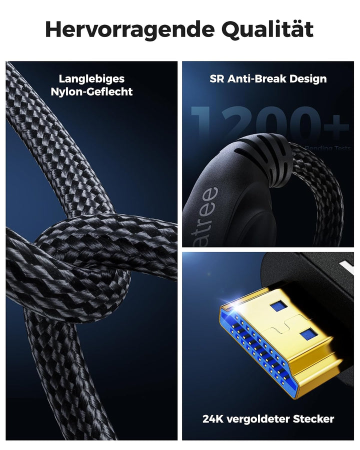 Cratree HDMI Kabel 7.5 Meter lang - 48Gbps HDMI 2.1, Ultra High Speed HDMI Geflochtenes Kabel 4K 120