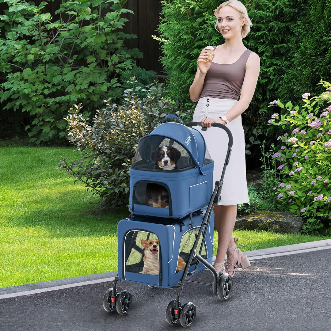 COSTWAY 3 in 1 Hundewagen, Hundebuggy 2 Etagen mit Netzfenstern &amp; Taschen &amp; Polstern, Oxford &amp; Metal