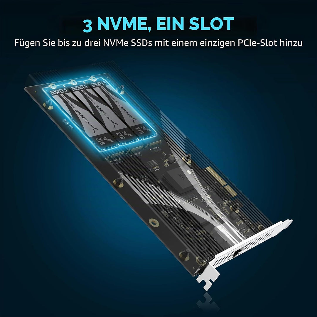 SABRENT PCIe 3.0 x4 m.2 Adapter Karte mit 10GbE, 3× NVMe SSD Slots, Aluminium-Kühlkörper, unterstütz