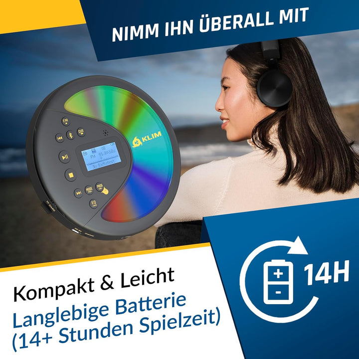 KLIM Discover Mit Kopfhörern - Tragbarer CD-Player mit langlebigem Akku - Kompatibler MP3-CD-Player