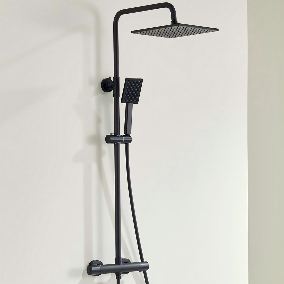Auralum Duschsystem mit Verbrühschutz-Thermostat Armatur, Duscharmatur Komplettset Schwarz, 25x25cm